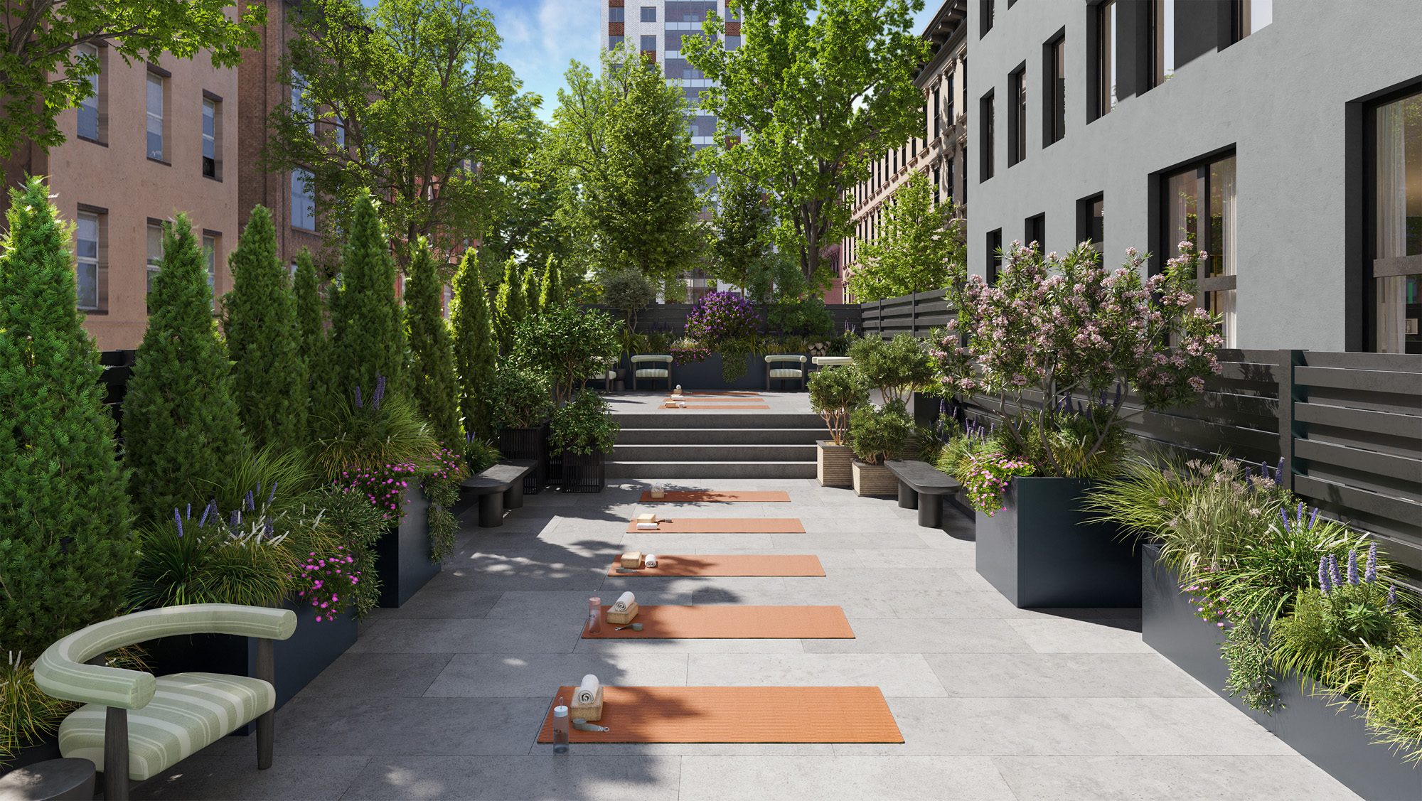 An outdoor wellness garden, with open space for yoga and fitness at 1975 Madison Ave.