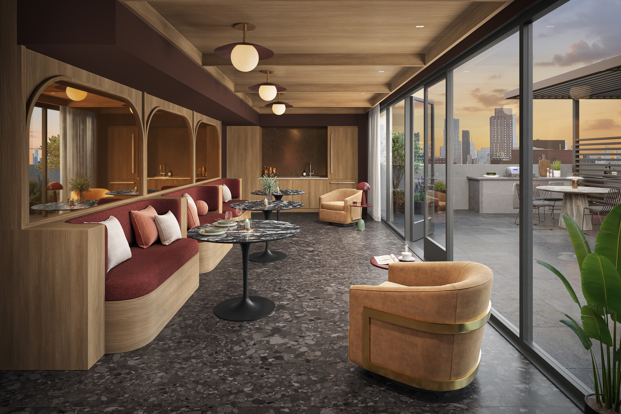 Penthouse lounge with catering-ready reservable lounge and
connected to the roof top terrace at 1975 Madison Ave.