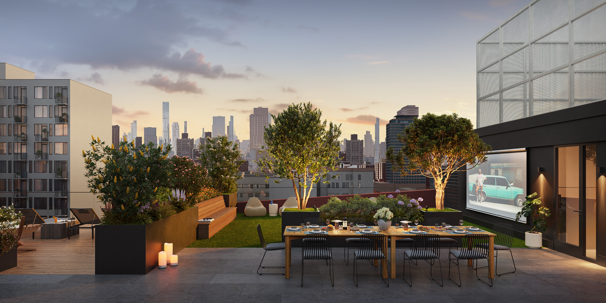 Rooftop terrace with ample open space, featuring grills and areas for gatherings that overlook NYC at 1975 Madison Ave.