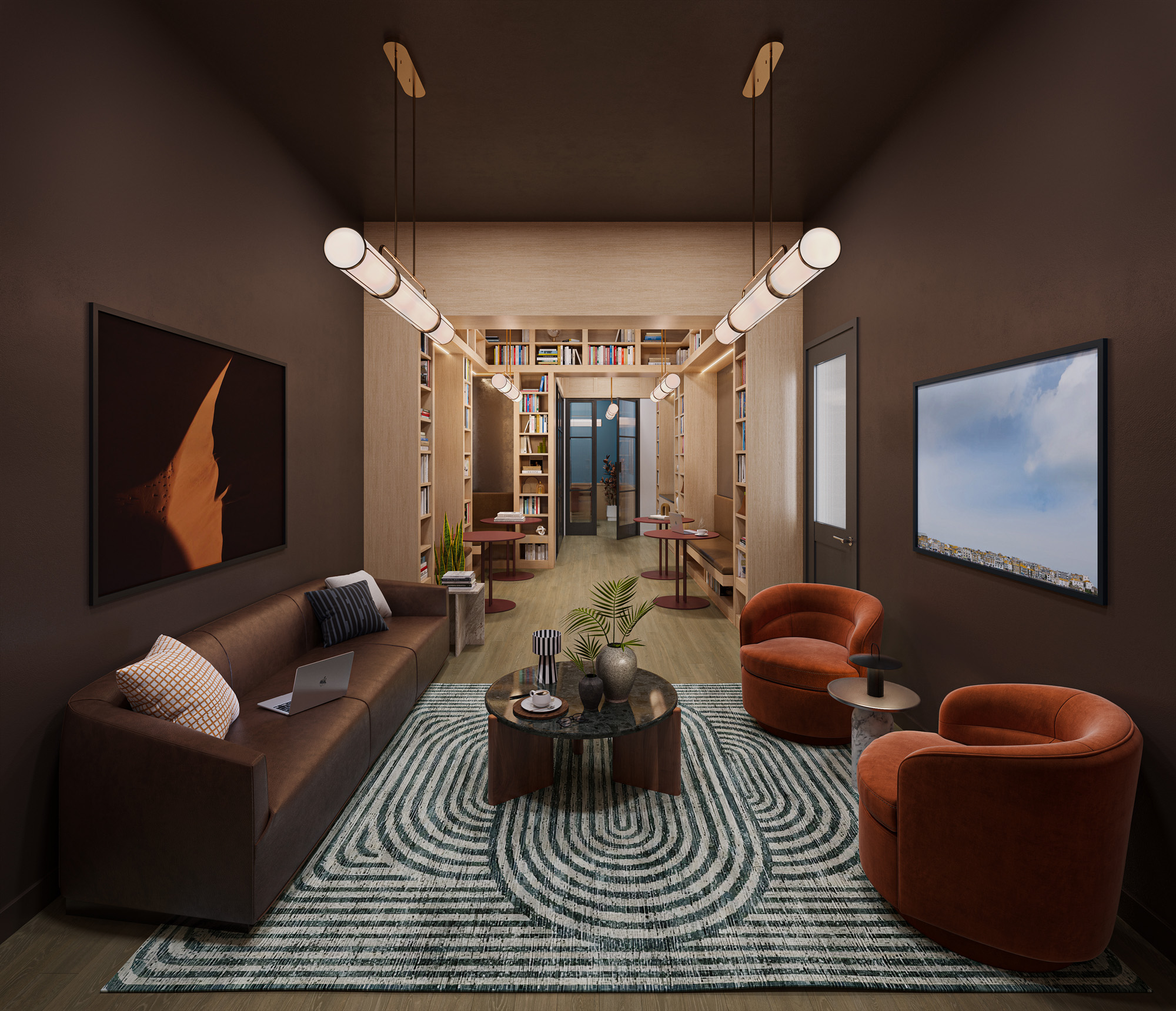 Workspace featuring library nooks, dedicated work pods, a conference room with AV capabilities, a coffee bar, and a printer located at 1975 Madison Ave.