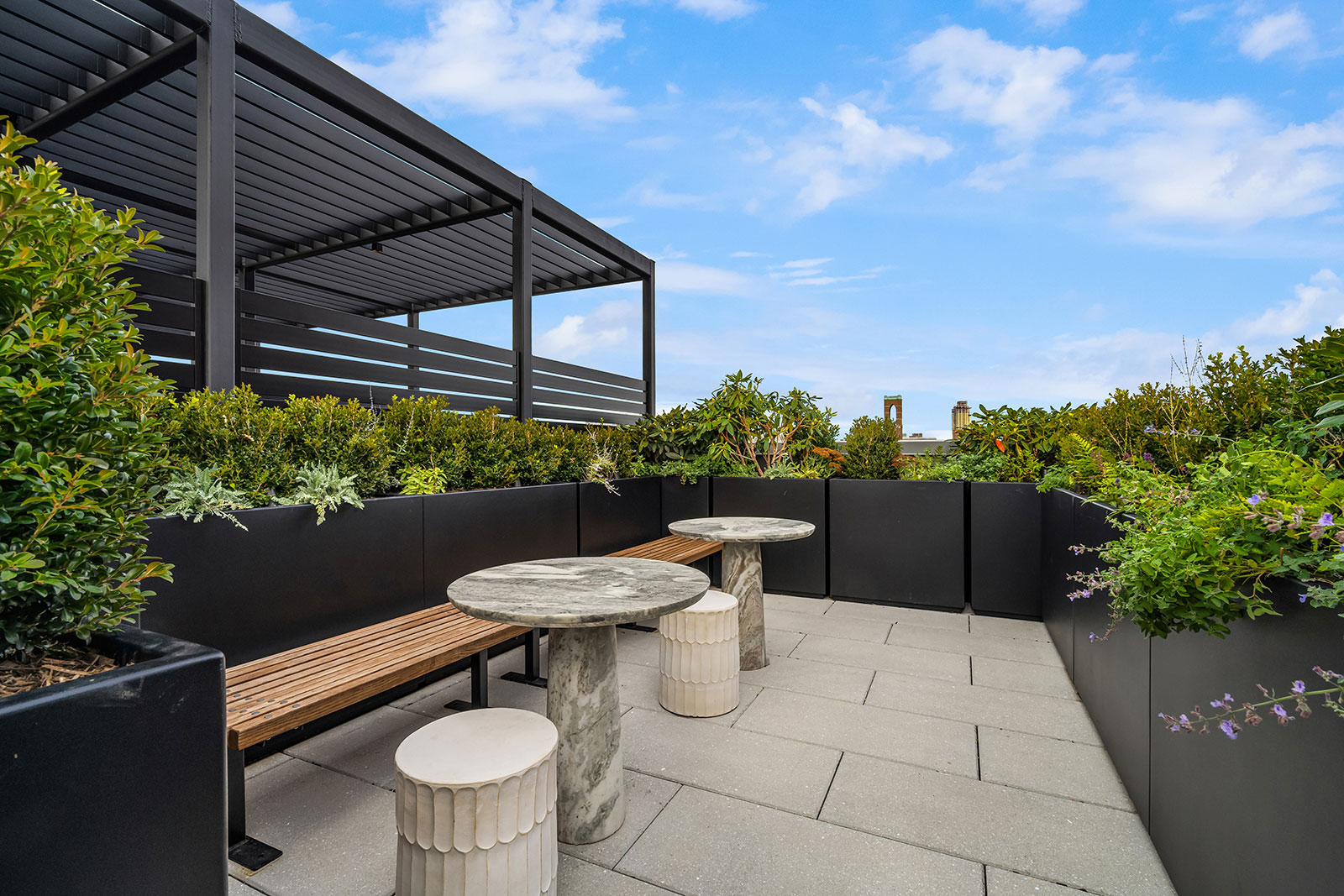 Rooftop terrace with NYC skyline views, grills and lounge seating at 1975 Madison